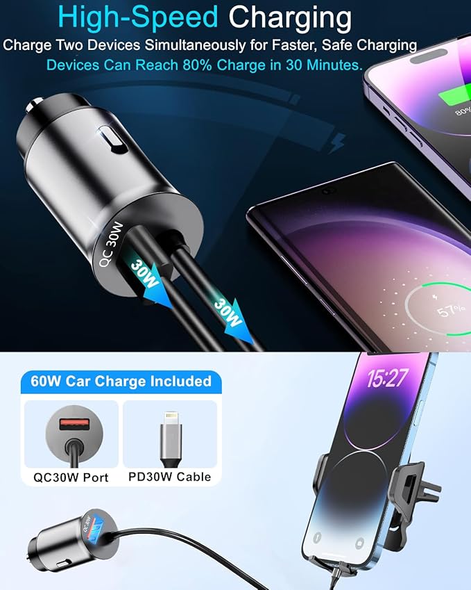 3 in 1 Car Phone Holder Charger Mount, 60W USB C Car Mount Charger Fast Charging for iPhone 14/13/12 + 4FT Type C Cable, Car Accessories, Air Vent Fast Charge Cell Phone Stand Car Mount for iPhone