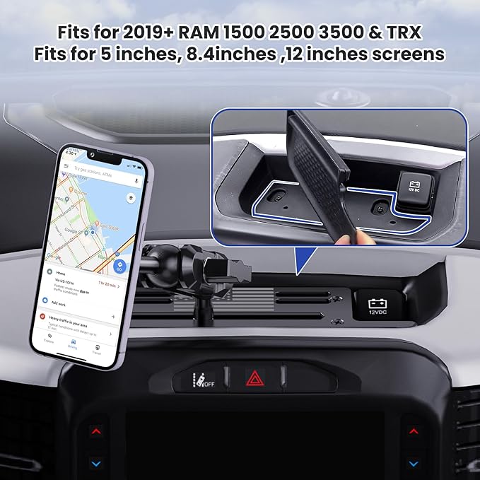 Stainless Steel Phone Mount for 2019+ Ram 1500/2500/3500/TRX, Magnetic & Clamp Dual Heads, All-Metal Shakeproof Unique America Flag Design OEM Screw Hole Dash Mount Install Super Stable