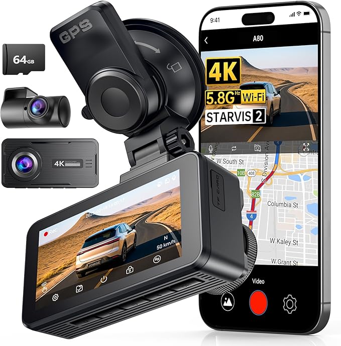 Dash Cam Front and Rear, 4K FHD Dual Dash Camera for Cars Built-in 5G WiFi GPS, 64GB Card Included, Car Camera with 3" IPS Touch Screen, UHD 2160P Night Vision, WDR, 24H Parking Monitor, App Control