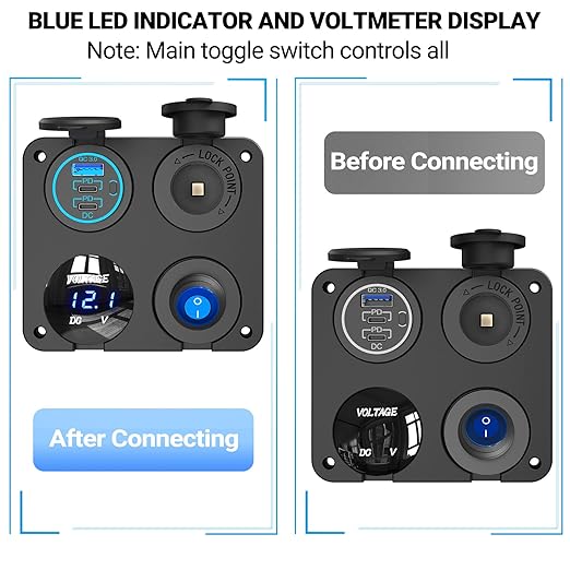 12V USB Outlet Socket Panel: (4 in 1) 58W Dual PD3.0 USB C 12V USB Charger 150W Marine Cigarette Lighter Socket 12v Splitter with Voltmeter Digital Display and Waterproof Rocker Toggle Switch 15A Fuse