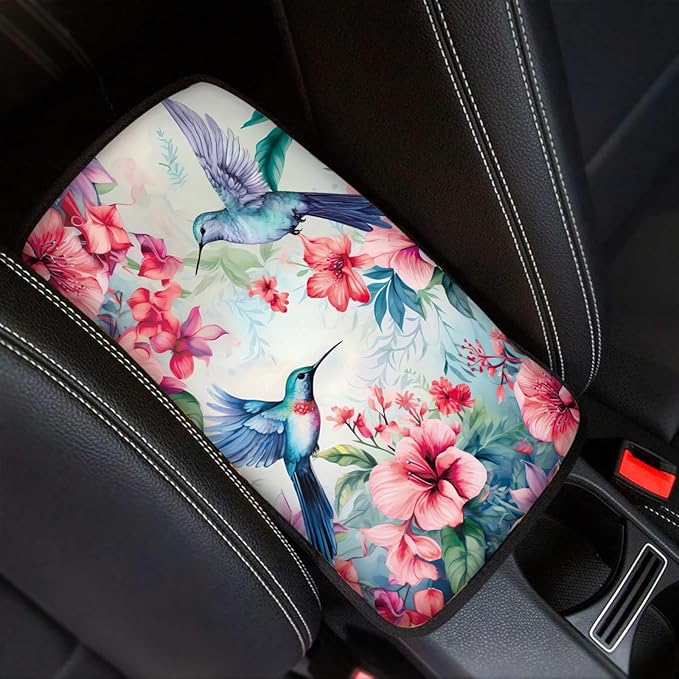 UNICEU Car Decorative Armrest Cover Pad Spring Pink Flower Hummingbird Print Soft Neoprene Car Center Console Armrest Cover Universal