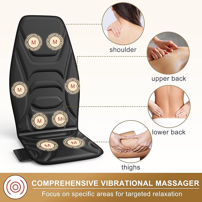 Back Massager Chair Pad with Heat, Back Massager for Back Pain Relief, Chair Massager with Vibration, Portable Massage Chair Pad for Office Use, Matte Black