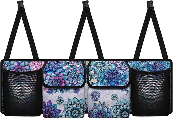 Boho Mandala Blossom Car Trunk Organizer with 4 Storage Bags Hanging Back Seat Car Organizer for Women Large Capacity Cargo Bag