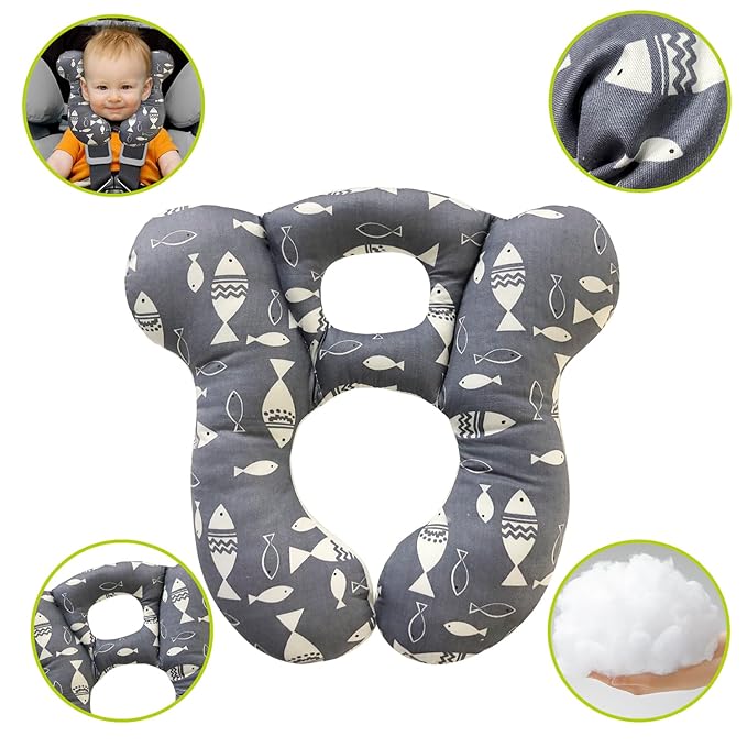 Baby Travel Pillow, Infant Kid's Cushion Soft and Skin Friendly for Car Seat, Pushchair and Stroller (Gray Fish)