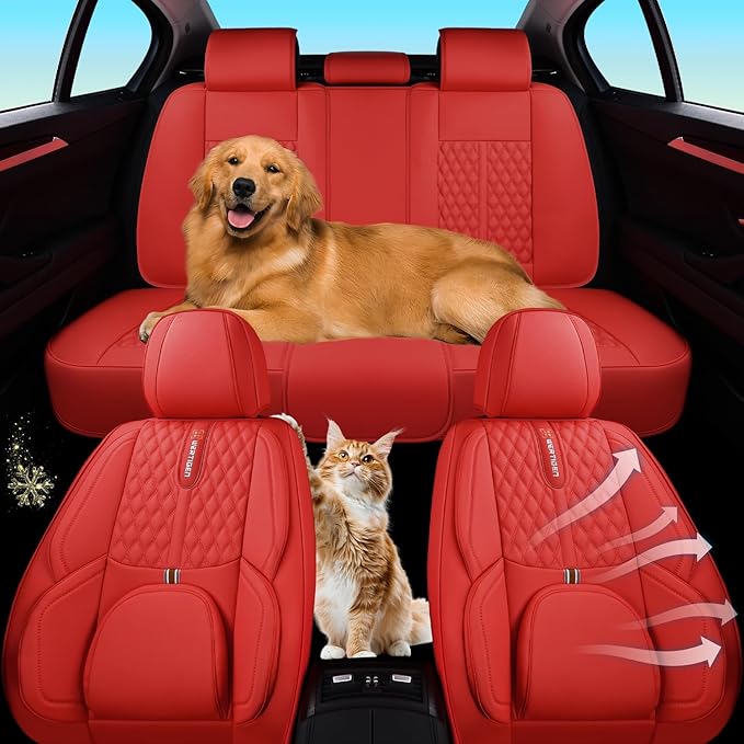 Car Seat Cover Set, Red Seat Covers, Automotive Interior Accessories, with Lumbar Support, Premium Nappa Leather, Waterproof, Protects and Upgrades Your Car Interior, Fits Most Vehicles