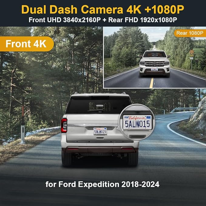 Fitcamx Front 4K+Rear 1080P Dash Cam Adapts for Ford Expedition 2018-2024 XL XLT Limited Platinum King Ranch Max, OEM Look, Built-in WiFi & APP, Dual Loop Recording, G-Sensor, Easy to Set, 128GB Card