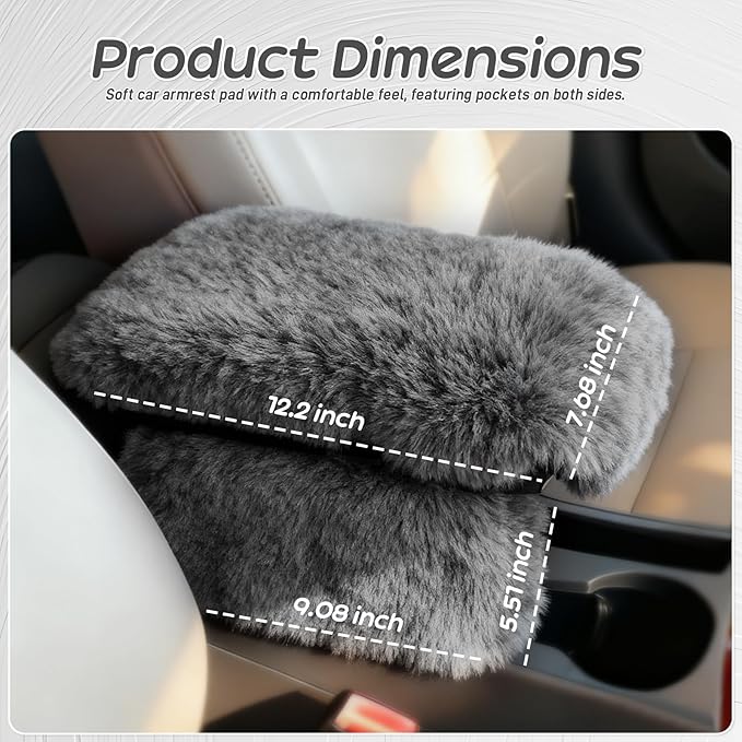 Fluffy Car Armrest Cover with Side Pockets – Plush Fuzzy Fur Center Console Armrest Cushion Pad, Universal Winter Car Interior Protector, Soft Arm Rest Cover with Storage for Women & Men (GRAY)