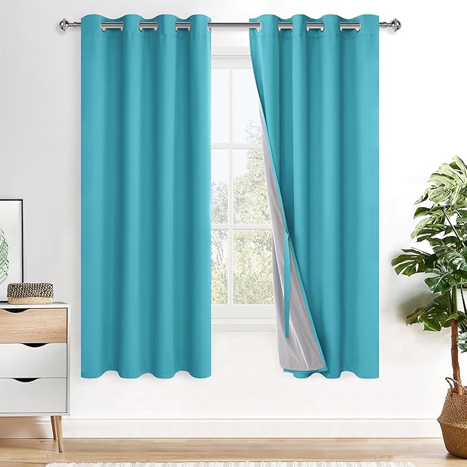 XWZO Full Shading Blackout Curtains 72 Inches Length - Heat and Light Blocking Ring Top Window Drapes with Black Liner Backing for Bedroom Sewn with Tiebacks, Turquoise, W52 x L72, Set of 2