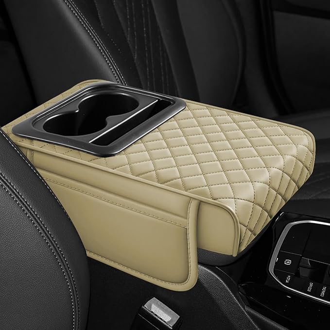 Hovom Car Center Console Cover, 13.39"×7.87"×2.76" Leather Armrest Cover for Cars, Memory Foam Armrest Pillow with Pocket, Cup Holder & Phone Slot, Universal Vehicle Arm Rest Cushion Pad (Beige)
