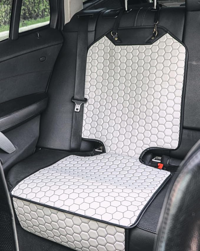 Owleys Set Seat Back Organizer & Car Seat Protector Hexy Waterproof & Non-Slip Protector for Child Car Cushion for Leather and Fabric Seats (White 2 pcs)