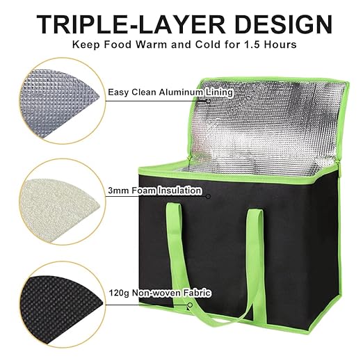 CIVJET 1-Pack Insulated Reusable Grocery Bags, X-Large Insulated Food Delivery Bag for Delivery Drivers, Commercial Food Warmer for Shopping, Tote Cooler Bags, Black with Green Edge