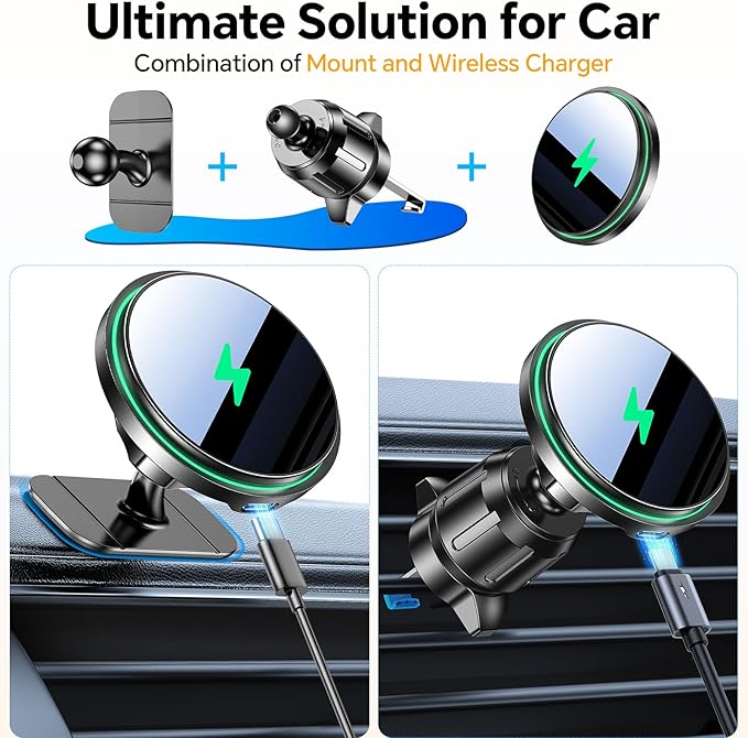 Coolpow for 15W MagSafe Car Mount Charger【Strongest Magnetic】 Magnetic Wireless Cars Charger,Magnetic Phone Holder for Cars,Phone Holders for Your Car Charger for iPhone 17 Pro Max 16 15 14
