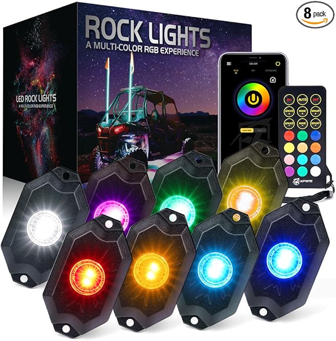 Xprite RGBW LED Rock Lights Kit with Bluetooth & Wireless Remote Controller, Multicolor Cars Underglow, Wheel, Footwell Neon Light Kits, for Off-Road UTV ATV Trucks SUV Motorcycle Boats - 8 Pods