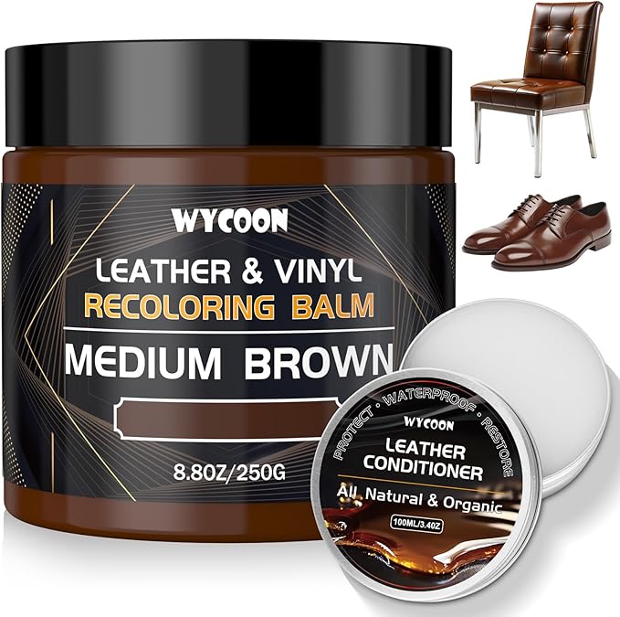 Leather Recoloring Balm with 100ml Mink Oil Conditioner | Medium Brown Repair Kit, Dye & Color Restorer for Furniture, Sofa, Car Seats, Bags | Restore Faded & Scratched Surfaces
