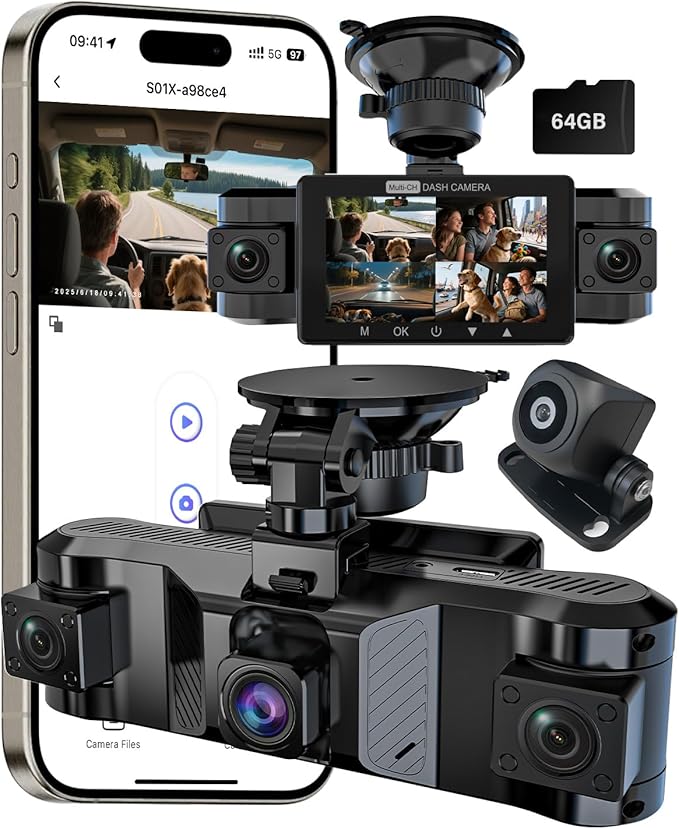QXTAMO® 4 Channel Dash Cam Front and Rear Inside Left Right, 360 Degree View Dash Camera for Cars, 1080P Dashcam, 5G WiFi Car Camera with Night Vision, 24/7 Parking Monitor, G-Sensor, Free 64GB Card