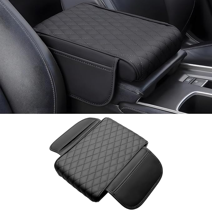 Car Center Console Armrest Pillow with 2 Storage Pockets, Memory Foam Car Armrest Cushion, Leather Car Center Console Cover for Most Vehicle (Black-Upgraded Thickened)