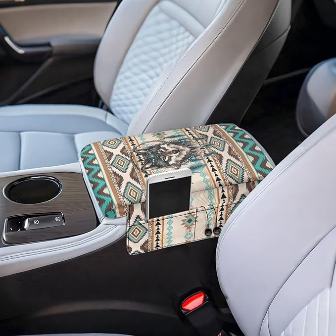 Wanyint Aztec Wolf Dream Catcher Auto Center Console Pad Non-Slip Armrest Cover Cushion Lid Wear-Resistant Arm Rest Cushion Protector for Car Seat Organizer Universal Fit for Most Vehicles