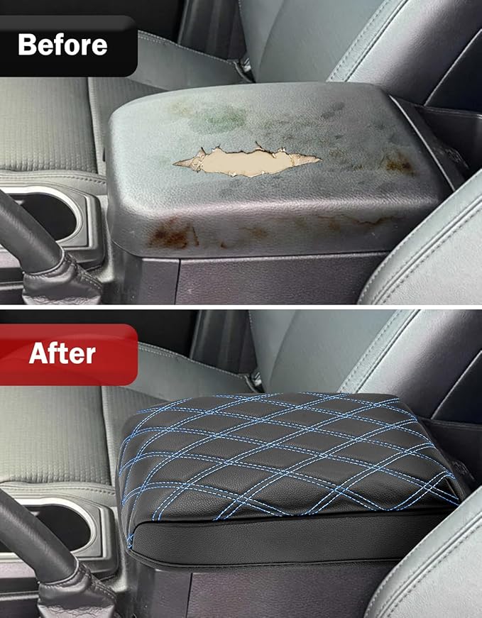 Center Console Armrest Cover for Toyota Tacoma 2016-2023, Middle Console Cushion Pad, Arm Rest Lid Covering, Vinyl Leather Interior Accessories, Black-Blue Stitches