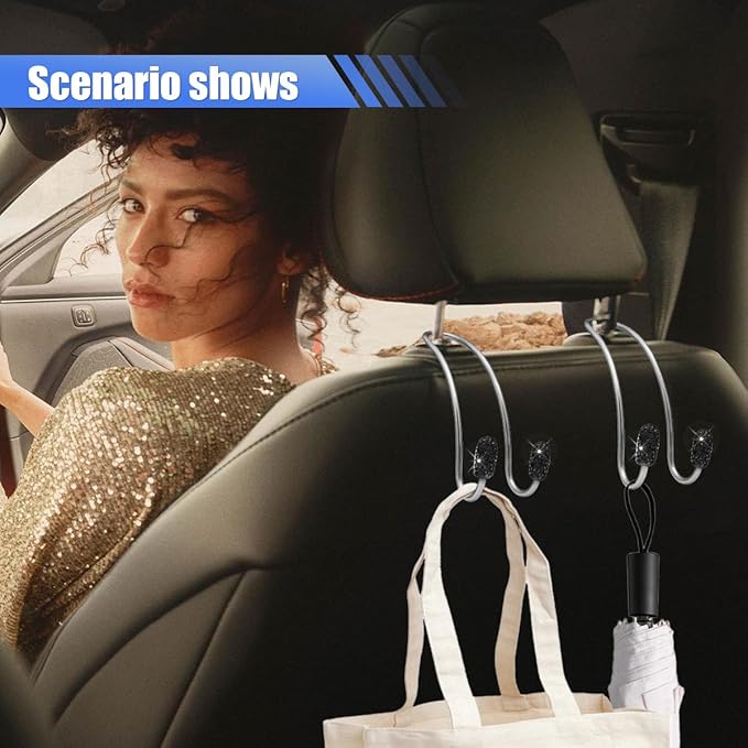 2PCS Car Headrest Hook Hangers, Bling Stainless Steel Car Backseat Holder, Strong Car Headrest Storage Hooks, Universal Car Organizers Accessories for Coats Umbrellas Grocery Handbags (Black)