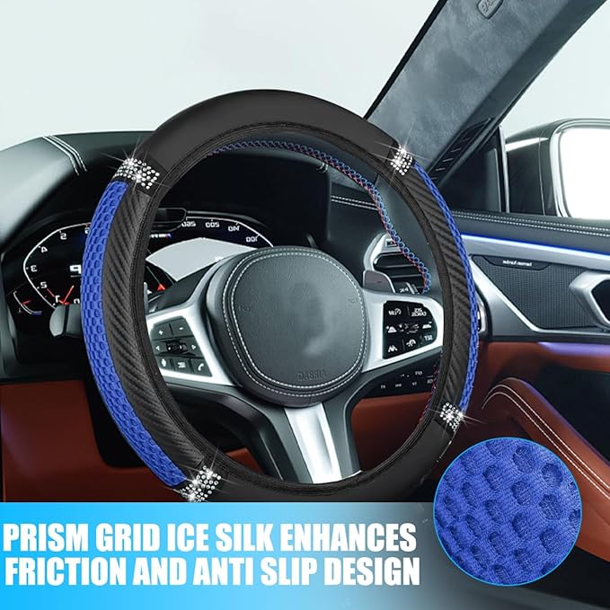Bling Car Steering Wheel Cover, 15 Inch Elastic Stretch Crystal Rhinestone Vehicle Steering Wheel Protector, Anti-Slip Auto Interior Protective Cover, Universal for SUV RV Truck (Blue)