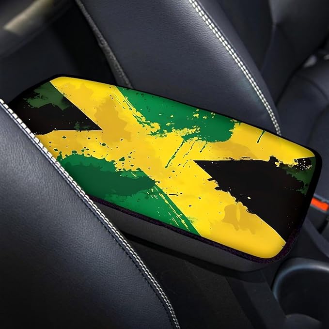 Auto Center Console Pad, Universal Car Armrest Seat Box Cover,Jamaican Flag Auto Armrest Cover Protector for Most Vehicle, SUV, Truck