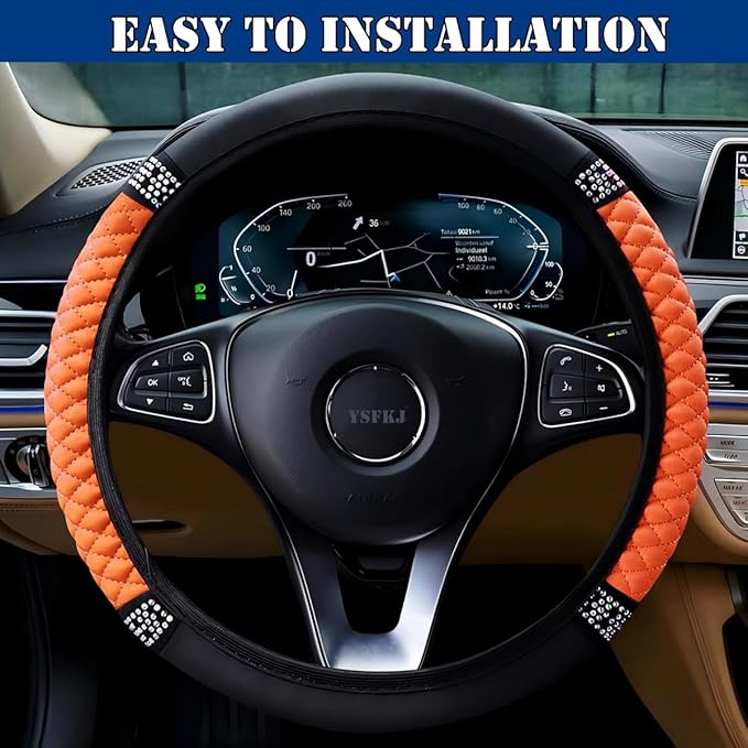 Soft Leather Car Steering Wheel Cover, Universal 15 Inch Colorful Rhinestones Anti-Slip Elastic Steering Wheel Covers for Most Cars, Sparkly Crystal Diamond for Women Girls (Orange)