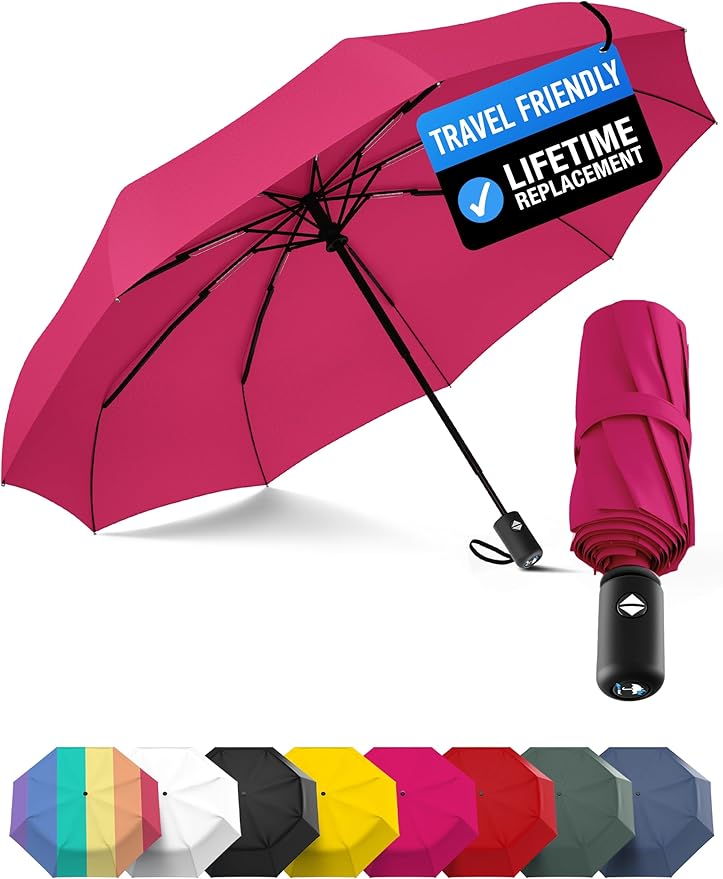 Rain-Mate Windproof Compact Umbrellas for Rain - Strong Reinforced Fiberglass Rib Design & Auto Open & Close - Portable Folding Travel Umbrella - Lightweight & Packable for Women & Men, Easy Collapse