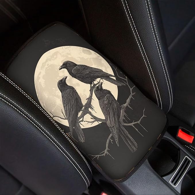 Suobstales Raven Moon Print Car Armrest Pad Soft Center Console Arm Rest Protector Cover Universal Car Interior Accessories Decoration