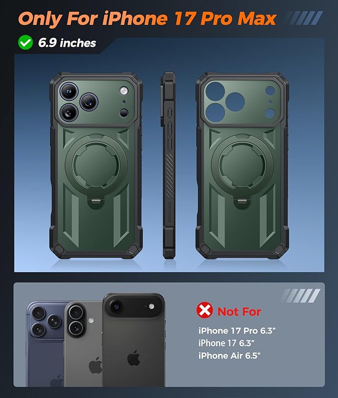 FNTCASE for iPhone 17 Pro-Max Case: [360 Spin Magnetic Ring Kickstand] [Compatible for MagSafe] [Screen Protector] Heavy Duty Military Grade Protection Protective Phone Case with Stand Green