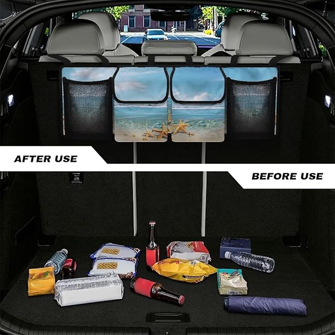 Beach Sea Starfish Trunk Organizer for Car Large Capacity Car Organizer, Foldable Trunk organizer for SUVs & Sedans, Space Saving Car Organization for Car Accessories, Tools, Sundries