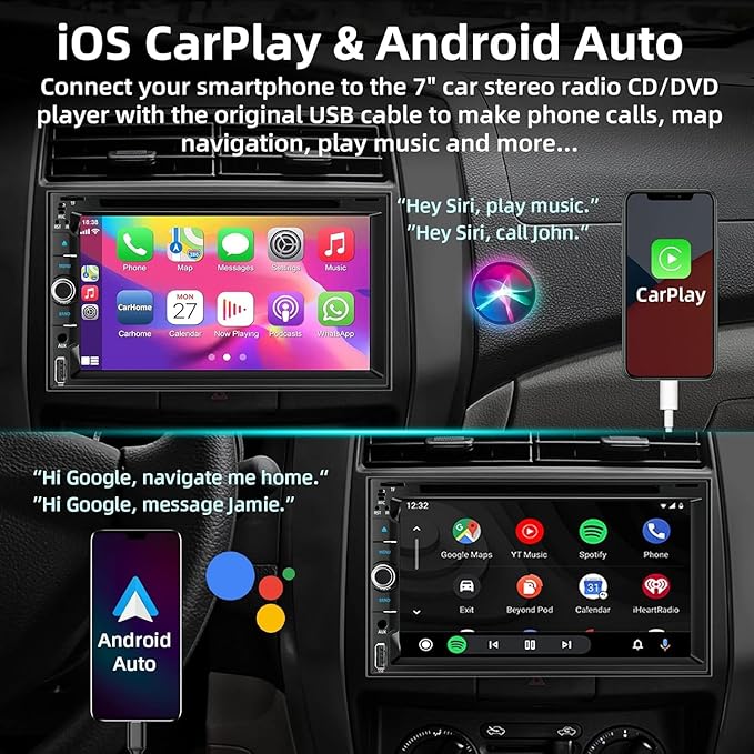 Double Din Car Radio Stereo with 7-Inch Touch Screen, Support CD/DVD Player,Wireless&Wired CarPlay/Android Auto, Bluetooth 5.2, Backup Camera Included, USB/TF/AUX, FM/AM Radio, EQ