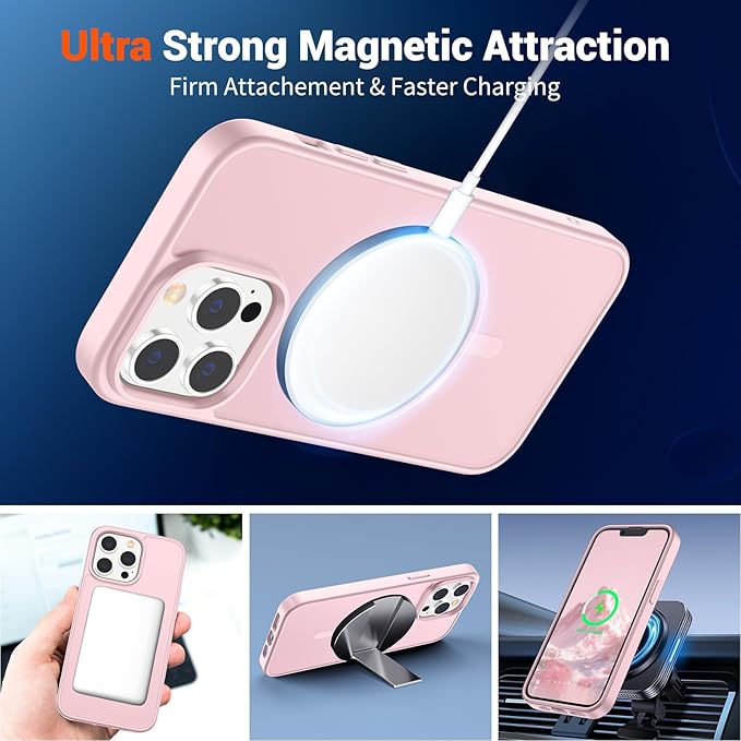 SUPFINE Magnetic for iPhone 13 Pro Max Case with Screen Protector (Compatible with MagSafe) (Military Grade Drop Protection) Translucent Matte Shockproof Phone Cover,Light Pink