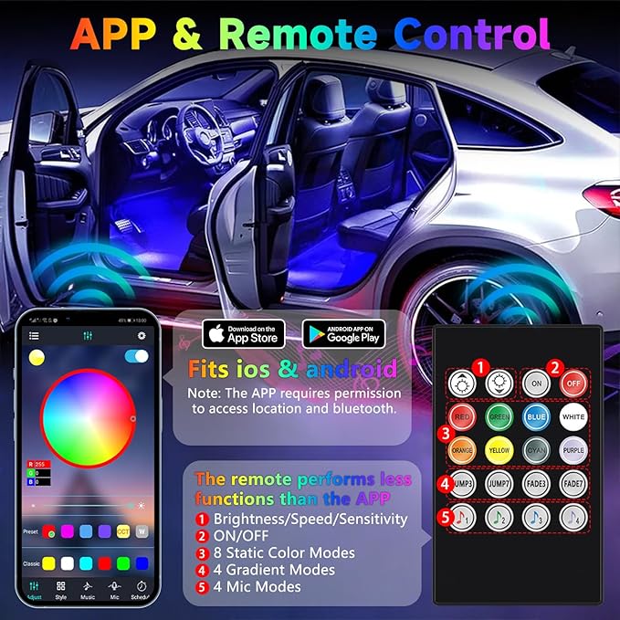 Car Led Light Interior 6 Inch 48LEDs Soft Lighting Frosted Under Dash Foot Well Light RGB, 29 Modes Static/Gradient/Strobe/Music, with Controller App Timer, USB 5V