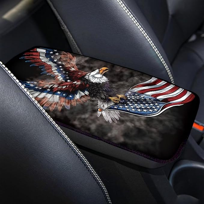 Eagle American Flag Soft Armrest Seat Box Cover Car Armrest Cushion Car Decor Protective Car Accessories Universal Fit for Most Cars, Vehicles, SUVs