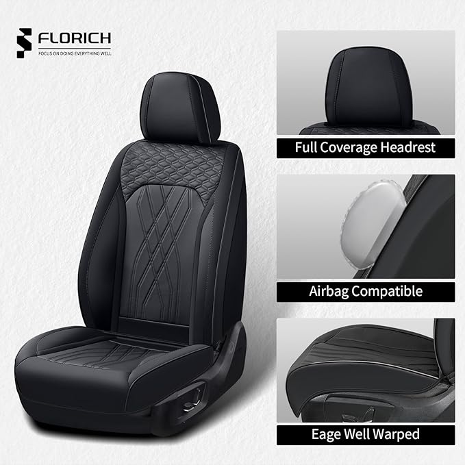 FLORICH Leather Cars Seat Covers Automotive Seat Cover Front Pair Waterproof Seat Covers for Car Vehicle Seat Cushion Protector Universal Fit for Most Cars Trucks SUVs, Black