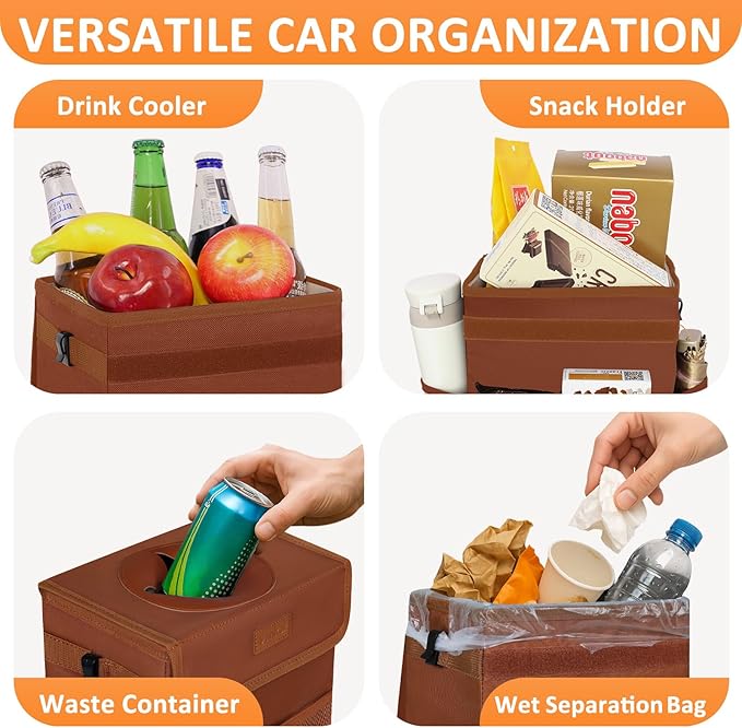 Vankor Car Trash Can, Brown, 2.2 Gallons Capacity, Waterproof, Polyester Material, Adjustable Strap, Hanging Design, Leakproof Lining, 100% PEVA Thickness