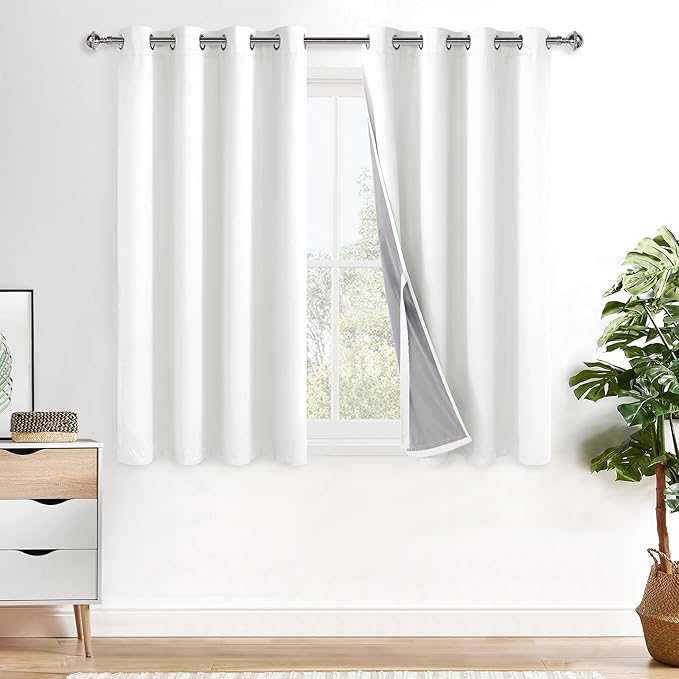XWZO 100% Blackout Curtains 54 Inches Long with Tiebacks- Heat and Full Light Blocking, Thermal Insulated Window Panels with Grommets for Bedroom/Nursery/Office, Ivory, W52 x L54, Set of 2 Draperies