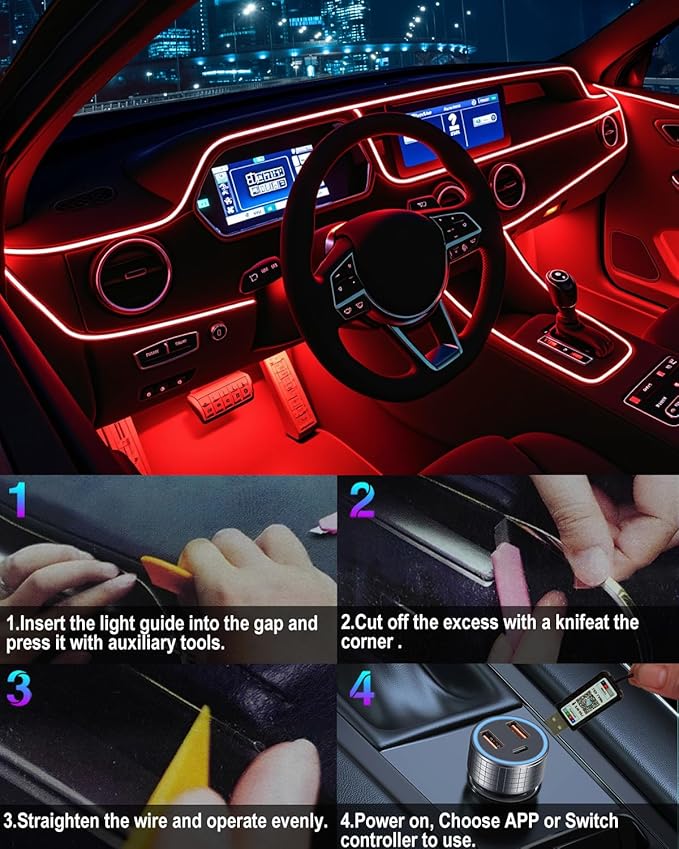 Interior Car LED Strip Lights, 5M 16FT Ambient Lighting Kits, Button Switch & APP Bluetooth Control, Music Sync Fiber Optic Cars Interior Neon Light Strip, USB 5V for Car Inside Decoration