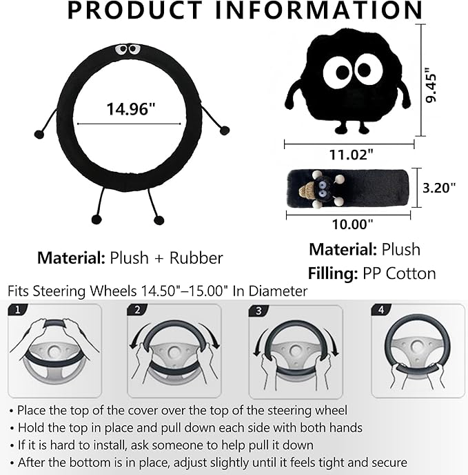 Car Headrest Pillow & Steering Wheel Cover Set with Cute Big-Eyed Furball Travel Neck Support Pillow Fur Car Interior Accessory (Black 5Pcs Set)