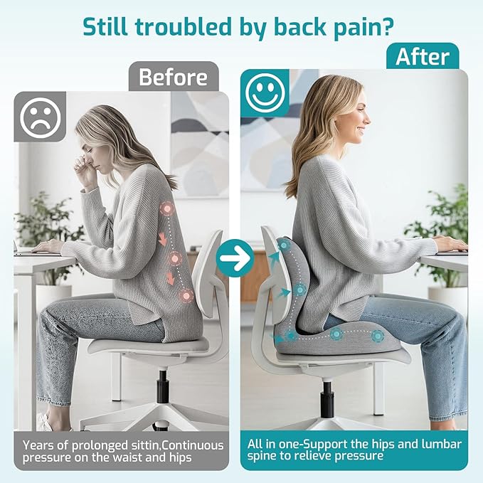 Ergonomic Seat Cushion,Office Chair Cushion with Lumbar Support Pillow,Car Orthopedic Seat Cushions,Designed for Sciatica,Tailbone,Back Pain Relief,for Office,Car,Truck,Home,Desk Chair