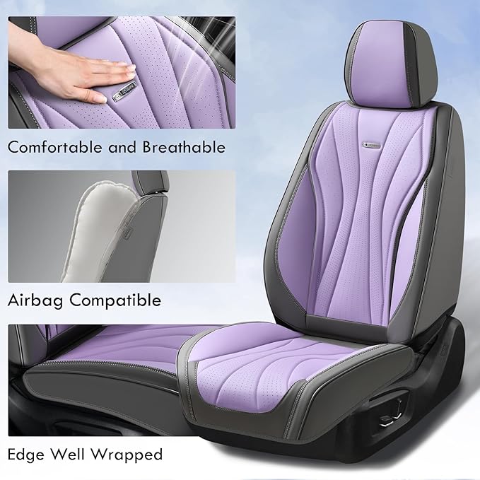 Coverado Seat Covers for Cars, Front Seat Covers, Luxury Leather Seat Covers, Car Seat Protector Waterproof, Premium Automotive Seat Cover, Universal Car Seat Cushions Fit for Most Cars (Gray&Purple)