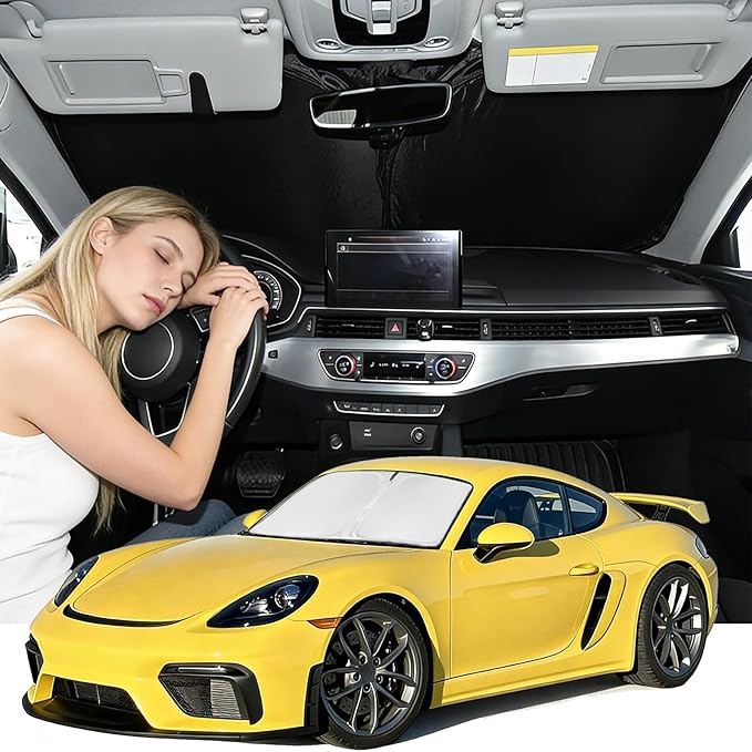 Windshield Sunshade for Porsche Boxster/Cayman 2017-2023 Sun Shade Car Windshield Accessories Upgrade 4 Layers Blocks UV Rays Custom Fit Cayman 240T Car Window Shades Keep Cool Foldable