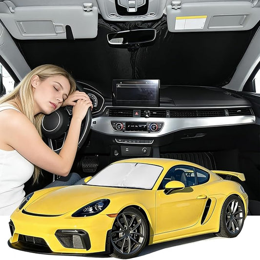 Windshield Sunshade for Porsche Boxster/Cayman 2017-2023 Sun Shade Car Windshield Accessories Upgrade 4 Layers Blocks UV Rays Custom Fit Cayman 240T Car Window Shades Keep Cool Foldable