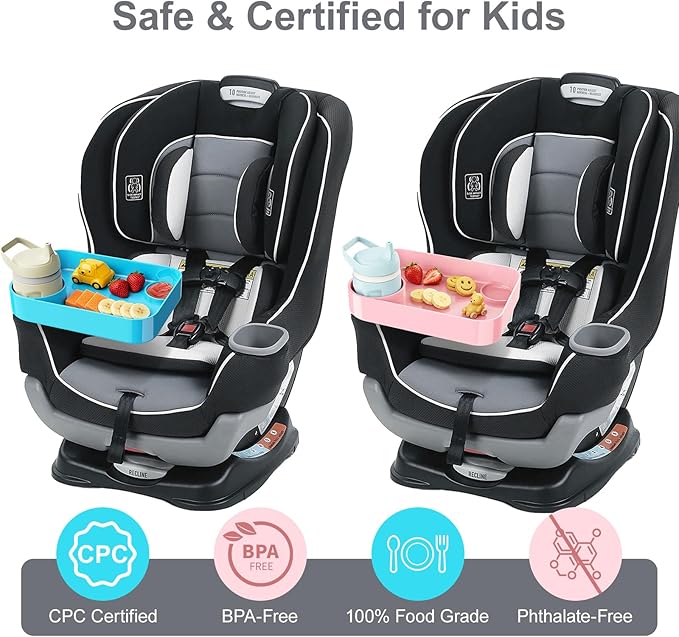 [Pink+Sky Blue] Car Seat Snack Tray for Toddlers - 3 Inch Cup Holder Fits Most Sippy Cups & Straw Bottles with Dip Well, Mess-Free Square Kids Travel Tray Road Trip Essentials, Pink & Sky Blue