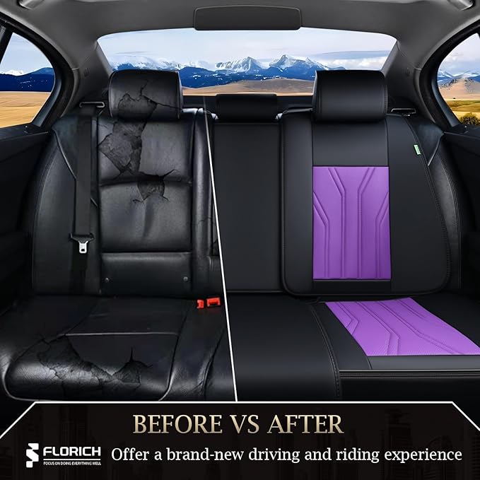 FLORICH Rear Seat Covers Leather Car Seat Covers Waterproof Back Seat Cover Automotive Seat Covers Universal Seat Cushion Protector for Most Cars Trucks SUV-Black&Purple