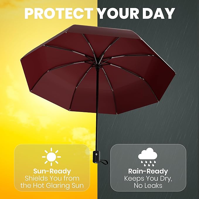 Rain-Mate Windproof Compact Umbrellas for Rain - Strong Reinforced Fiberglass Rib Design & Auto Open & Close - Portable Folding Travel Umbrella - Lightweight & Packable for Women & Men, Easy Collapse