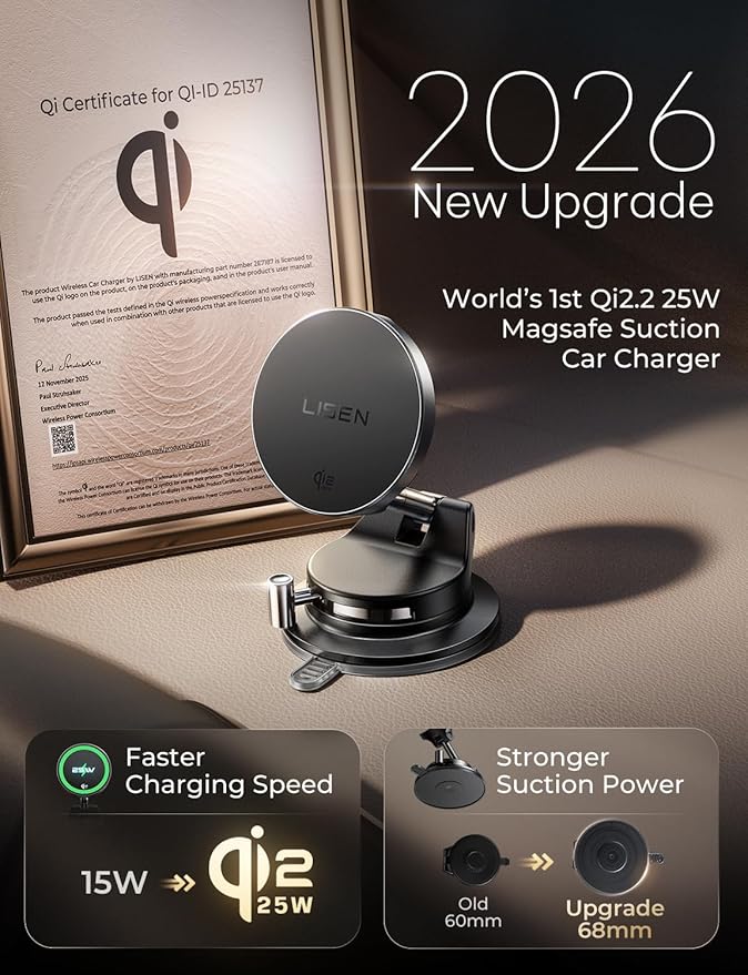 LISEN Qi2.2 25W Magsafe Car Mount Charger,[More Stable & Faster Charging] Suction Cup Phone Mount, Wireless Car Charger 25W Magnetic Car Phone Charger for iPhone 17 16,15W for iPhone 17e 15 14 13 12