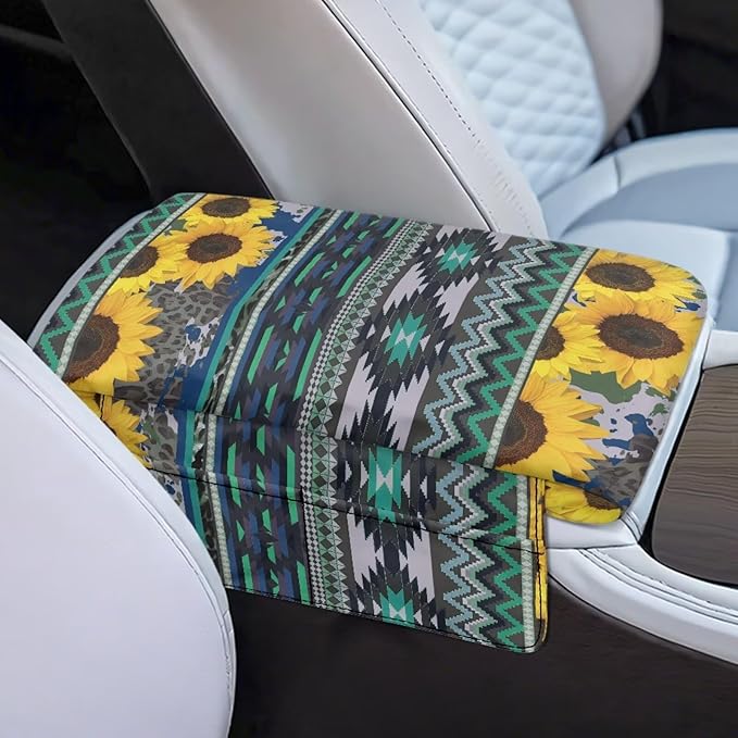 Tupalatus Aztec Center Console Cover Car Accessories Sunflowers Decor Comfort Armrest Cover Non-Slip Auto Console Cushion Pad with Pockets Fit for Most Vehicle, SUV, Truck