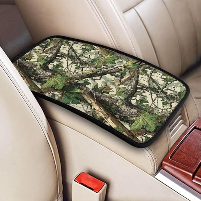 Anti-Scratch Car Center Console Cushion Pad Camo Camouflage Waterproof Armrest Seat Box Cover Protector Green Leaf Branch Comfortable Car Decor Accessories