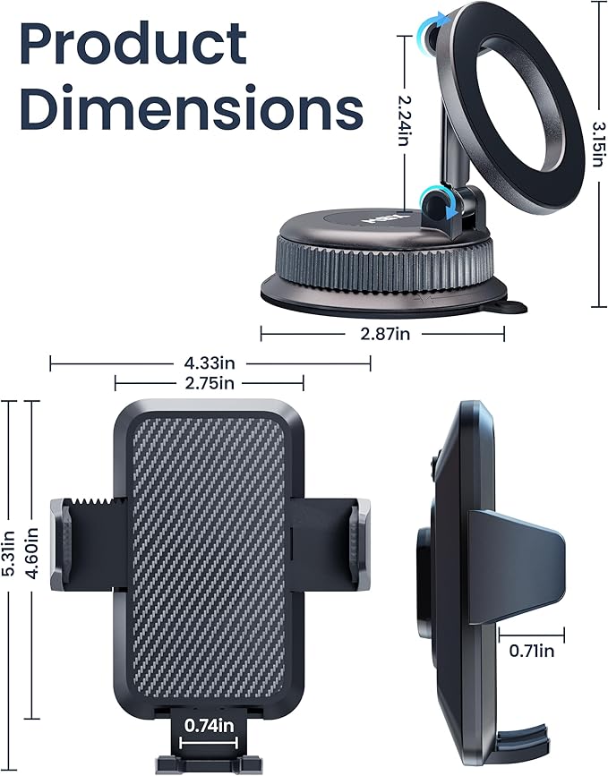 Car Phone Mount with Magnetic Clip for Magsafe & Android 360 Universal Suction Phone Mount for Dashboard Windshield Car Phone Holder for Car for iPhone 17 16 15 14 Pro Max Samsung Galaxy S25 Cell